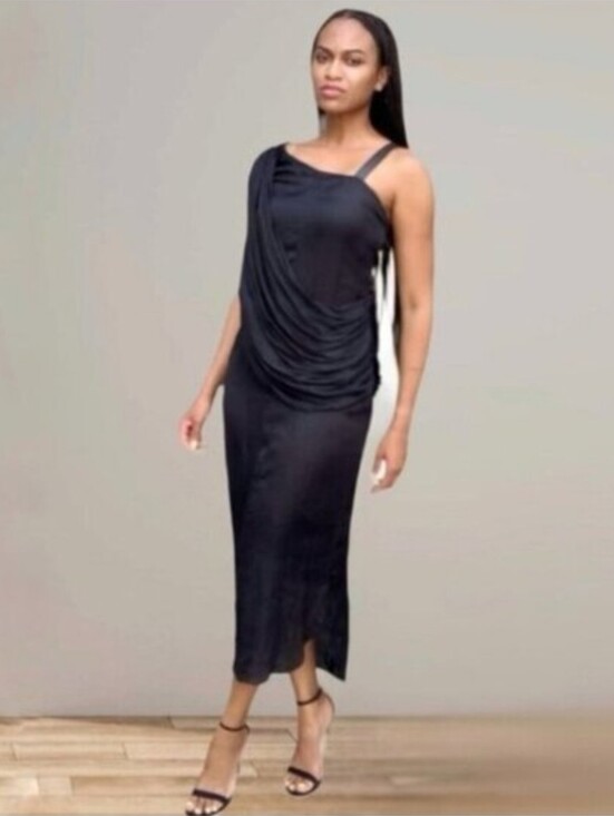 Nicholas K Dresses & Skirts - Nicholas K Black One-Shoulder Draped Satin Midi Dress